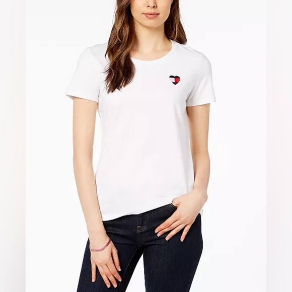 Tommy Hilfiger Essentially White Cotton Tee T-shirt Heart Flag, Crew neck Large - Picture 5 of 9